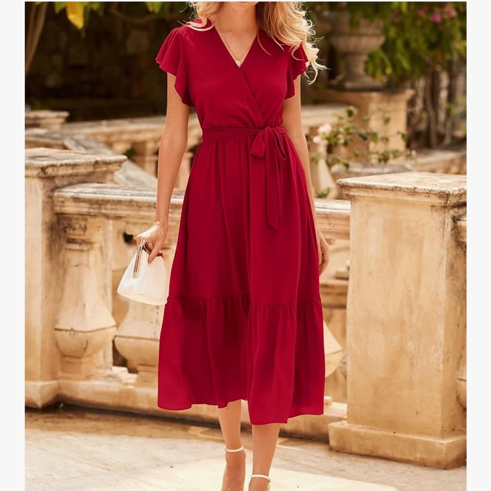 Red Maxi Sundress with V-Neck and Flutter Sleeve